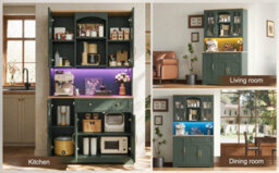 Btm Kitchen Tall Cabinet 100X38X176Cm With Led Lights, 2 Tempered Glass Doors And Drawer, Storage Pantry Cupboard, Green - thumbnail 8