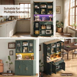 Btm Kitchen Tall Cabinet 100X38X176Cm With Led Lights, 2 Tempered Glass Doors And Drawer, Storage Pantry Cupboard, Green - thumbnail 5