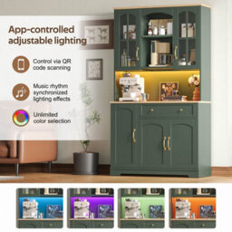 Btm Kitchen Tall Cabinet 100X38X176Cm With Led Lights, 2 Tempered Glass Doors And Drawer, Storage Pantry Cupboard, Green - thumbnail 4