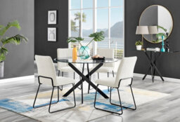 Furniturebox Novara Clear Tempered Glass 120Cm Round Dining Table With Black Starburst Legs & 4 Cream Halle Soft Fabric Chairs - thumbnail 1