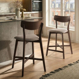 Wyld And Coco Ariahome Set Of 2 Bar Chairs - Rubberwood Frame, Beige Upholstery, Counter Height Seating - thumbnail 2