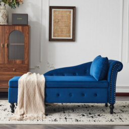 Btm Velvet Chaise Lounge Sofa With Storage Blue Upholstered Couch With Pillow Tufted Lounge Chair Right Armrest - thumbnail 4