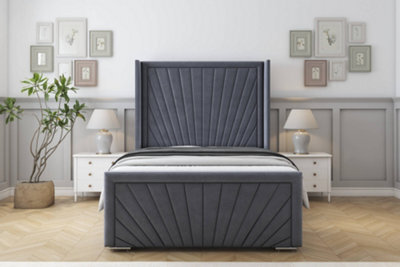 "Sloomy Rutherford Steel Plush Bed Frame With 50""  Upholstered Wingback Headboard 4' Small Double" - image 1