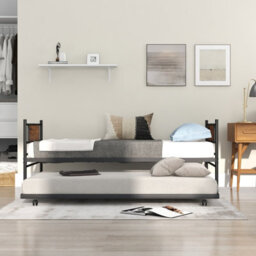 Costway Single Metal Daybed Sofa Bed Dual-Use Guest Bed W/ Pull-Out Trundle Space Saving - thumbnail 4
