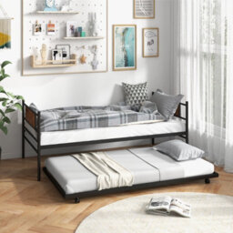 Costway Single Metal Daybed Sofa Bed Dual-Use Guest Bed W/ Pull-Out Trundle Space Saving - thumbnail 1