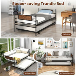 Costway Single Metal Daybed Sofa Bed Dual-Use Guest Bed W/ Pull-Out Trundle Space Saving - thumbnail 6