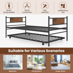 Costway Single Metal Daybed Sofa Bed Dual-Use Guest Bed W/ Pull-Out Trundle Space Saving - thumbnail 7