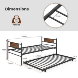 Costway Single Metal Daybed Sofa Bed Dual-Use Guest Bed W/ Pull-Out Trundle Space Saving - thumbnail 2