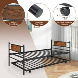 Costway Single Metal Daybed Sofa Bed Dual-Use Guest Bed W/ Pull-Out Trundle Space Saving - thumbnail 9