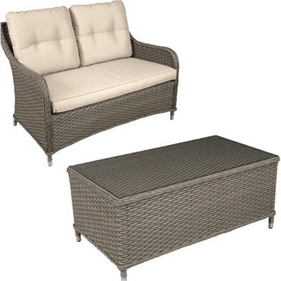 Loops Premium 2 Seater Garden Coffee Table Set - 2Pc Rattan Wicker Sofa Chair Cushions - image 1