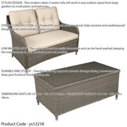 Loops Premium 2 Seater Garden Coffee Table Set - 2Pc Rattan Wicker Sofa Chair Cushions - thumbnail 2