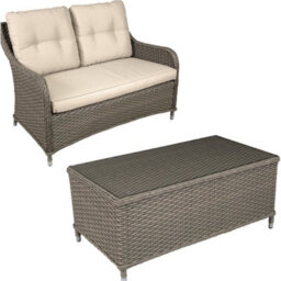 Loops Premium 2 Seater Garden Coffee Table Set - 2Pc Rattan Wicker Sofa Chair Cushions