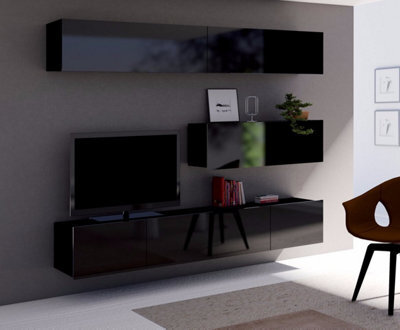 "Arte Calabrini 8 Entertainment Unit: Sleek All-Black - W3150mm X H370mm X D430mm For Tvs Up To 42"""