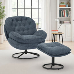 Blue Chenille Fabric Azura Swivel Accent Chair With Footstool - thumbnail 2