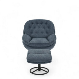Blue Chenille Fabric Azura Swivel Accent Chair With Footstool - thumbnail 3