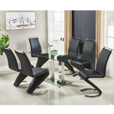 Furniture In Fashion Jet Large Glass Dining Table In Clear And 6 Summer Black Chairs - image 1