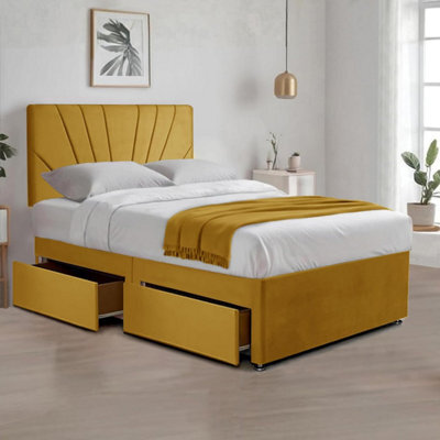 Yellow Plush Fabric Super King Bed With 20 Inches Sunrise Headboard 2 Storage Drawers And Spring Memory Foam Mattress