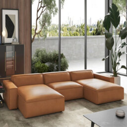 Valencia Nathan Full Aniline Leather Lounge Modular Three Seats Double Chaise Sofa Caramel Brown Fsc Pine Wood - thumbnail 2