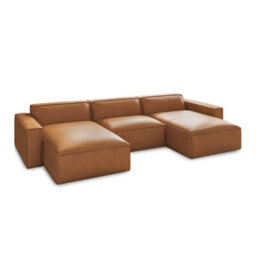 Valencia Nathan Full Aniline Leather Lounge Modular Three Seats Double Chaise Sofa Caramel Brown Fsc Pine Wood - thumbnail 1