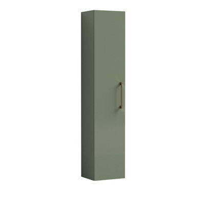 Balterley Bramshall Modern Bathroom 1 Soft Close Door Wall Hung Tall Storage Unit, Satin Green With Brushed Bronze Handle, 300 mm