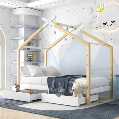 Abrihome 3Ft Solid Pine Wood Kids Bed Frame With Storage Underneath, Toddler Tree House Canopy Bed For Boys And Girls (Wood) - image 1
