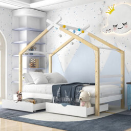 Abrihome 3Ft Solid Pine Wood Kids Bed Frame With Storage Underneath, Toddler Tree House Canopy Bed For Boys And Girls (Wood) - thumbnail 1
