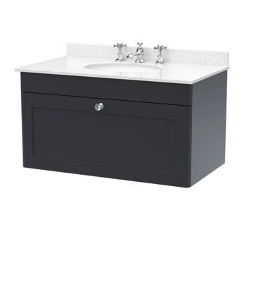 Balterley Swynnerton Traditional 1 Drawer Wall Hung Vanity Unit With Marble Basin, Dark Grey, 800mm - image 1