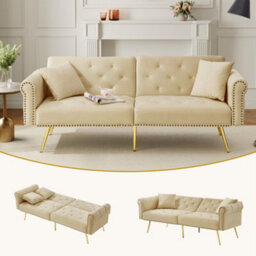 Btm Modern 2 Seater Velvet Sofa Bed With Adjustable Backrest Gold Metal Legs Stylish Space Saving Durable Small Spaces - thumbnail 2