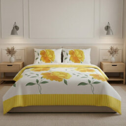 Reversible Floral Duvet Set Elegant Flower Stripe Pattern Bedding For Home Decor Yellow - thumbnail 1
