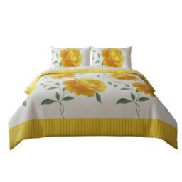Reversible Floral Duvet Set Elegant Flower Stripe Pattern Bedding For Home Decor Yellow - thumbnail 2
