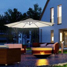 Outsunny 3(M) Led Patio Banana Umbrella Cantilever Parasol W/ Crank, Off-White - thumbnail 1