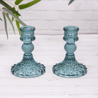 Annibells 2 Blue Vintage Harlequin Glass Dinner Candlestick Holders - image 1