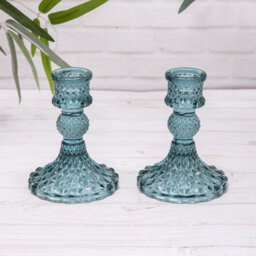 Annibells 2 Blue Vintage Harlequin Glass Dinner Candlestick Holders