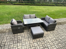 Fimous Lounge Rattan Sofa Set Outdoor Garden Furniture Oblong Rectangular Dining Table With Big Footstool Dark Grey Mixed - thumbnail 2