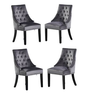 Life Interiors Set Of 4 Dark Grey Velvet Dining Chairs Ergonomic Scoop Knockerback & Button Tufted Wood Legs - image 1