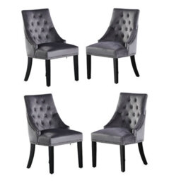 Life Interiors Set Of 4 Dark Grey Velvet Dining Chairs Ergonomic Scoop Knockerback & Button Tufted Wood Legs - thumbnail 1