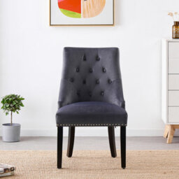 Life Interiors Set Of 4 Dark Grey Velvet Dining Chairs Ergonomic Scoop Knockerback & Button Tufted Wood Legs - thumbnail 2