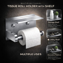Billtix Toilet Roll Holder Wall Mounted With Shelf, Stainless Steel Toilet Paper Holder, Self Adhesive Storage Holder Chrome - thumbnail 5
