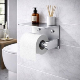 Billtix Toilet Roll Holder Wall Mounted With Shelf, Stainless Steel Toilet Paper Holder, Self Adhesive Storage Holder Chrome - thumbnail 7