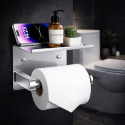 Billtix Toilet Roll Holder Wall Mounted With Shelf, Stainless Steel Toilet Paper Holder, Self Adhesive Storage Holder Chrome - thumbnail 9