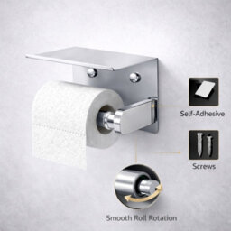 Billtix Toilet Roll Holder Wall Mounted With Shelf, Stainless Steel Toilet Paper Holder, Self Adhesive Storage Holder Chrome - thumbnail 4