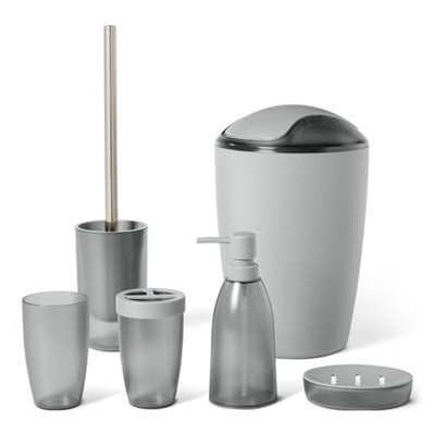 Basics Bathroom Accessory Set With Toothbrush Holder, Soap Dispenser, Dish, Tumbler, Trash Can, Toilet Brush & Grey