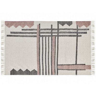 Beliani Nordic Loom Handwoven Cotton Area Rug 140 X 200 Cm Beige With Black Fringe - image 1
