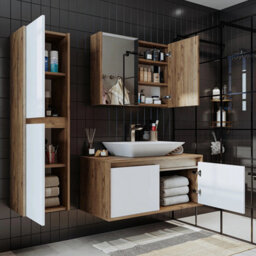 Roomart Atlantic Bathroom Furniture Set 4-Piece, 100 Cm Vanity Unit With Washbasin - Sink, Mirror Cabinet, Tall Unit, White Oak - thumbnail 2