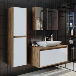 Roomart Atlantic Bathroom Furniture Set 4-Piece, 100 Cm Vanity Unit With Washbasin - Sink, Mirror Cabinet, Tall Unit, White Oak