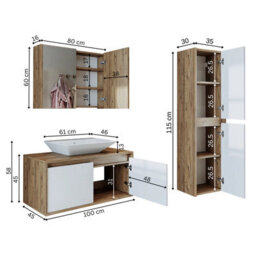 Roomart Atlantic Bathroom Furniture Set 4-Piece, 100 Cm Vanity Unit With Washbasin - Sink, Mirror Cabinet, Tall Unit, White Oak - thumbnail 4
