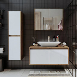 Roomart Atlantic Bathroom Furniture Set 4-Piece, 100 Cm Vanity Unit With Washbasin - Sink, Mirror Cabinet, Tall Unit, White Oak - thumbnail 3