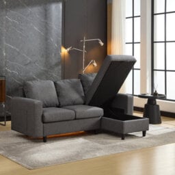 Btm L Shaped Sofa Bed With Storage, 3 Seater Sleeper Couch With Usb And Led, Convertible Sectional Sofa, Grey 180X119X72Cm - thumbnail 2