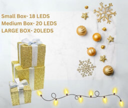 Christmas Light Up Gift Boxes - 3Pc Led Decoration Set With 58 Warm White Lights (Golden Box With Silver Bow) - thumbnail 2