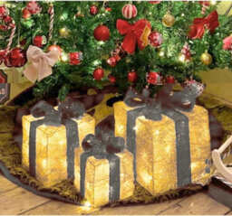 Christmas Light Up Gift Boxes - 3Pc Led Decoration Set With 58 Warm White Lights (Golden Box With Silver Bow)